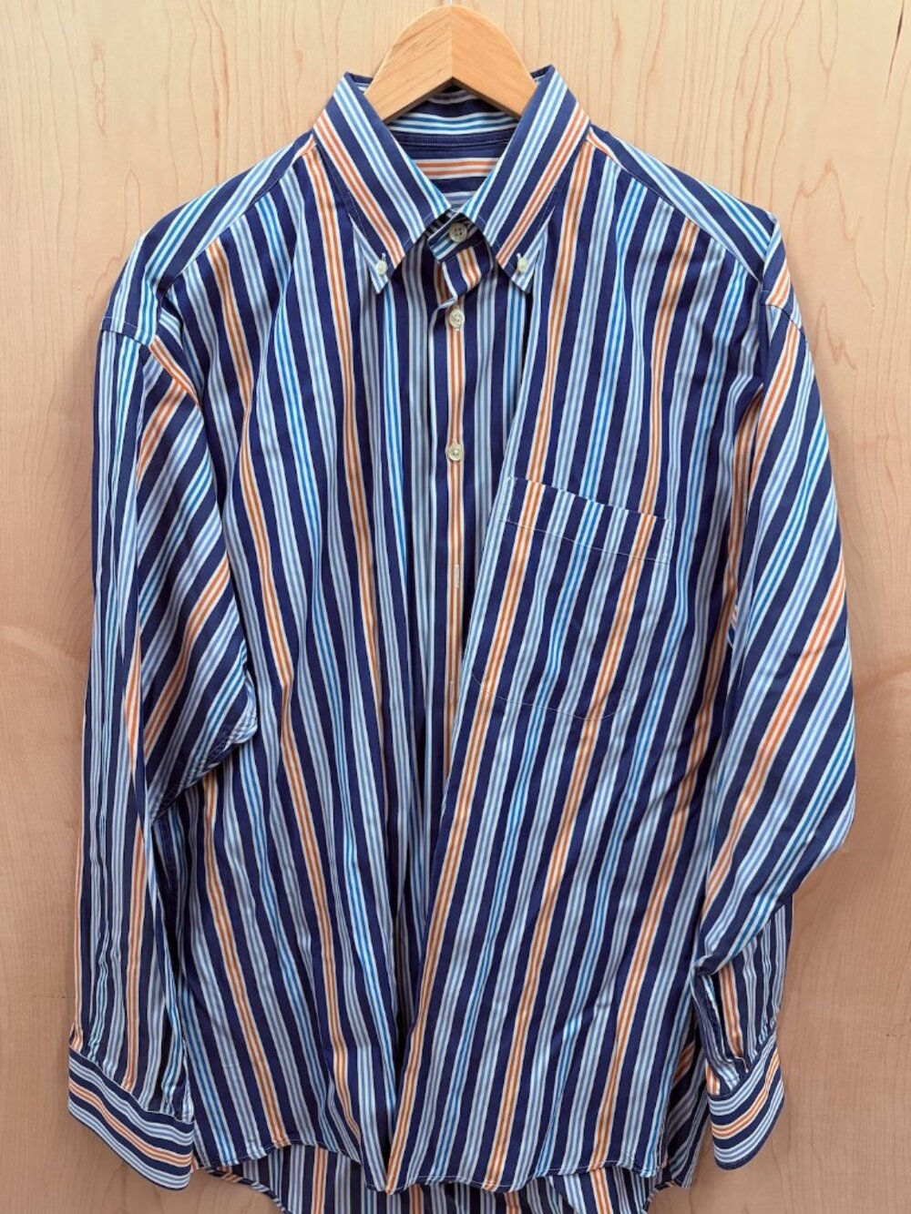 80s Preppy XL Bright Colorful Blue Orange Stripe Dress Button Down Oxford Shirt